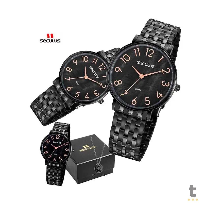 Relógio de Pulso Seculus Casual em Aço Preto C/ Colar e Brinco - 77050LPSVPS3K1 Truedata